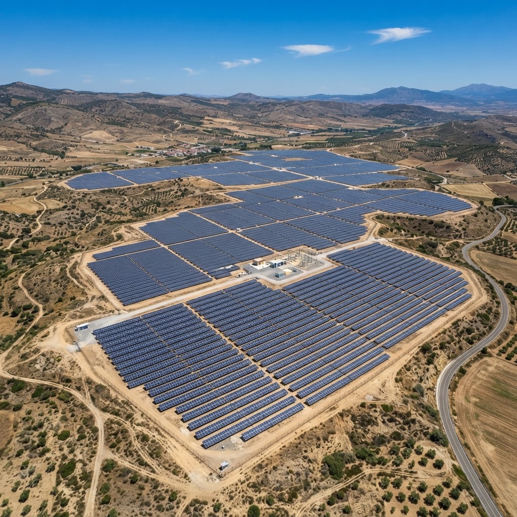 Vista aérea de una planta solar fotovoltaica en España al mediodía