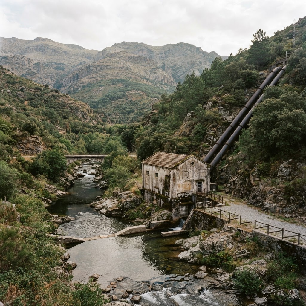 Minicentral hidroeléctrica antigua en un entorno rural montañoso, ilustrando el debate sobre la redención de Garantías de Origen de instalaciones amortizadas.