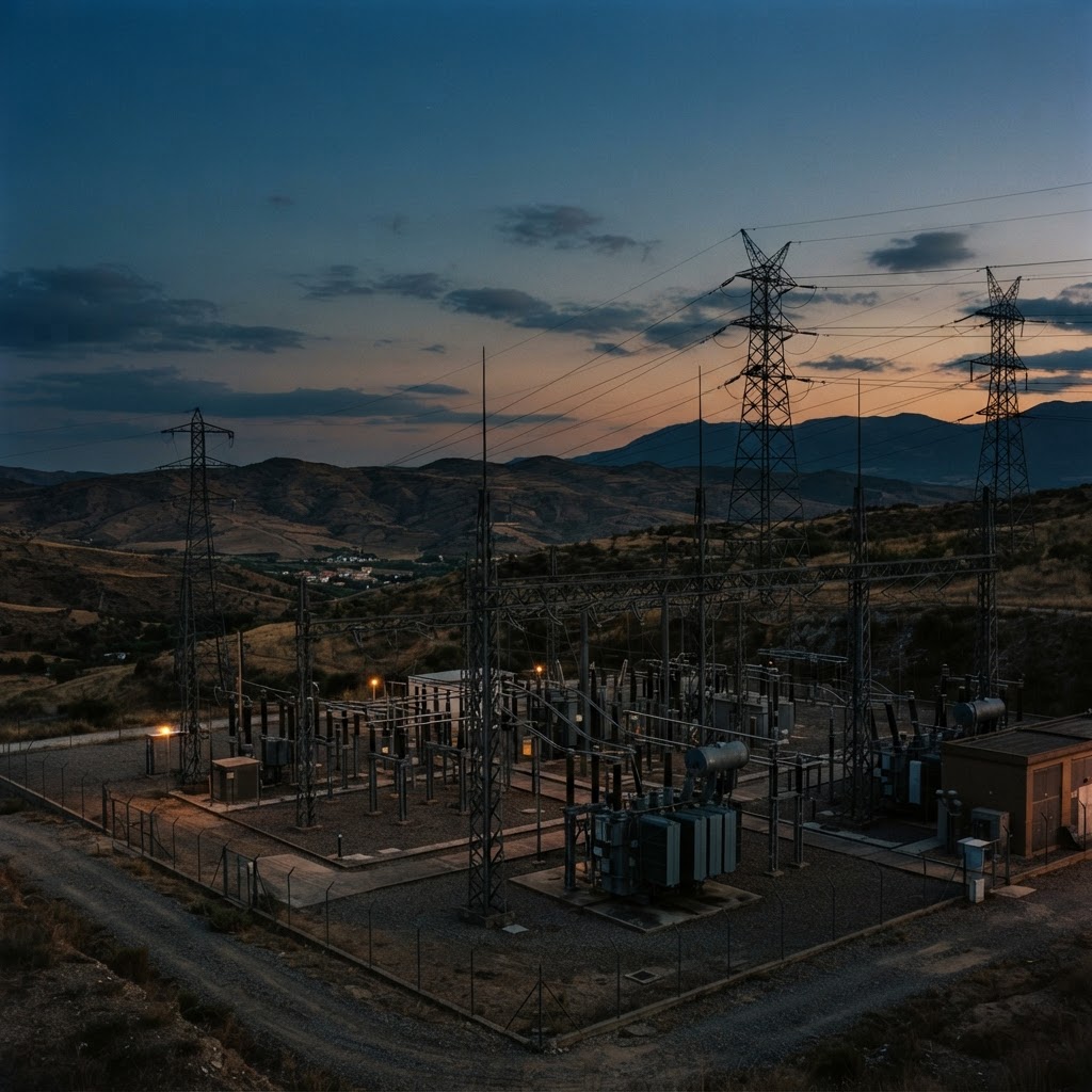 Subestación eléctrica de alta tensión en una zona rural de España al atardecer