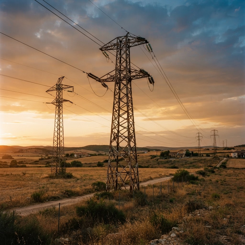 Líneas de alta tensión al atardecer sobre un paisaje rural español