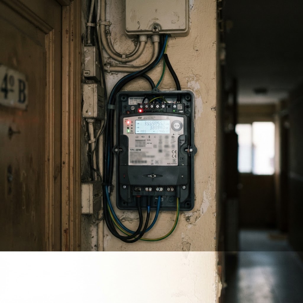 Contador digital telegestionado en el rellano de un edificio