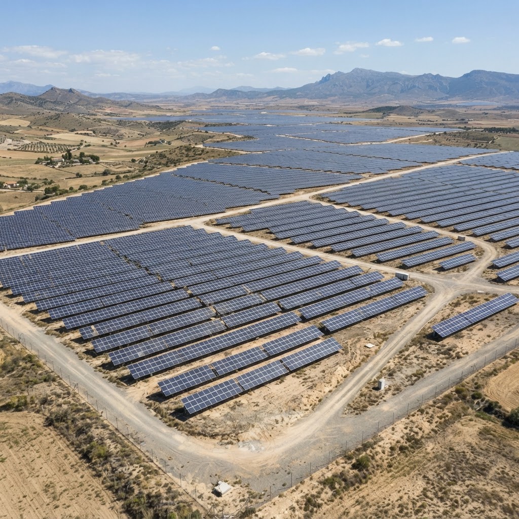 Parque fotovoltaico de paneles de primera generación en una zona rural de España bajo sol intenso