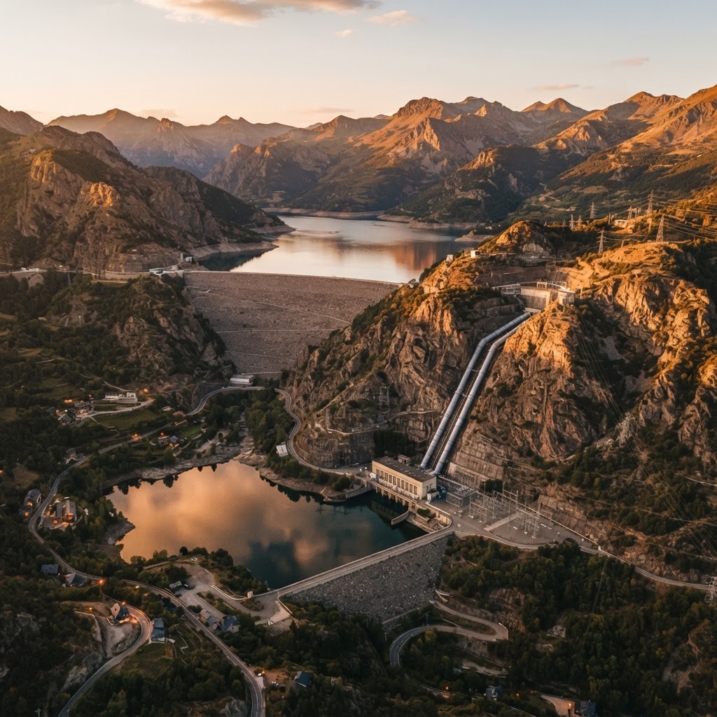 Central de bombeo hidráulico reversible en un paisaje montañoso español al atardecer