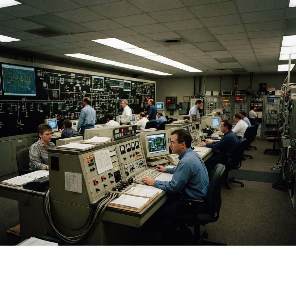 Sala de control de una empresa eléctrica española a finales de los años noventa