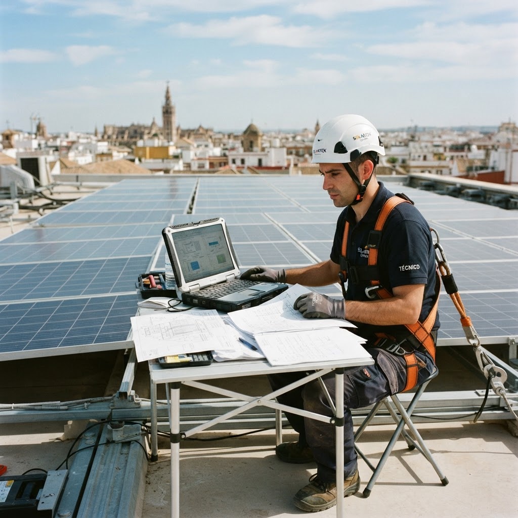 Técnico instalador revisando la documentación y certificación de una instalación fotovoltaica residencial