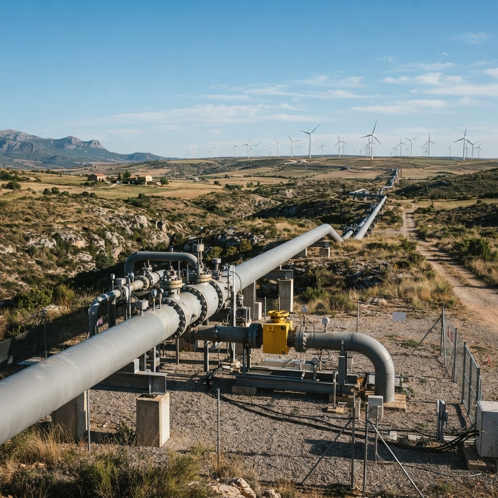 Infraestructura de gasoducto para hidrógeno atravesando un paisaje rural con aerogeneradores al fondo.