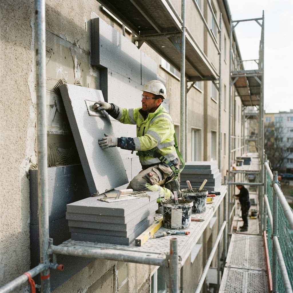 Instalación de sistema de aislamiento térmico SATE en la fachada de un edificio