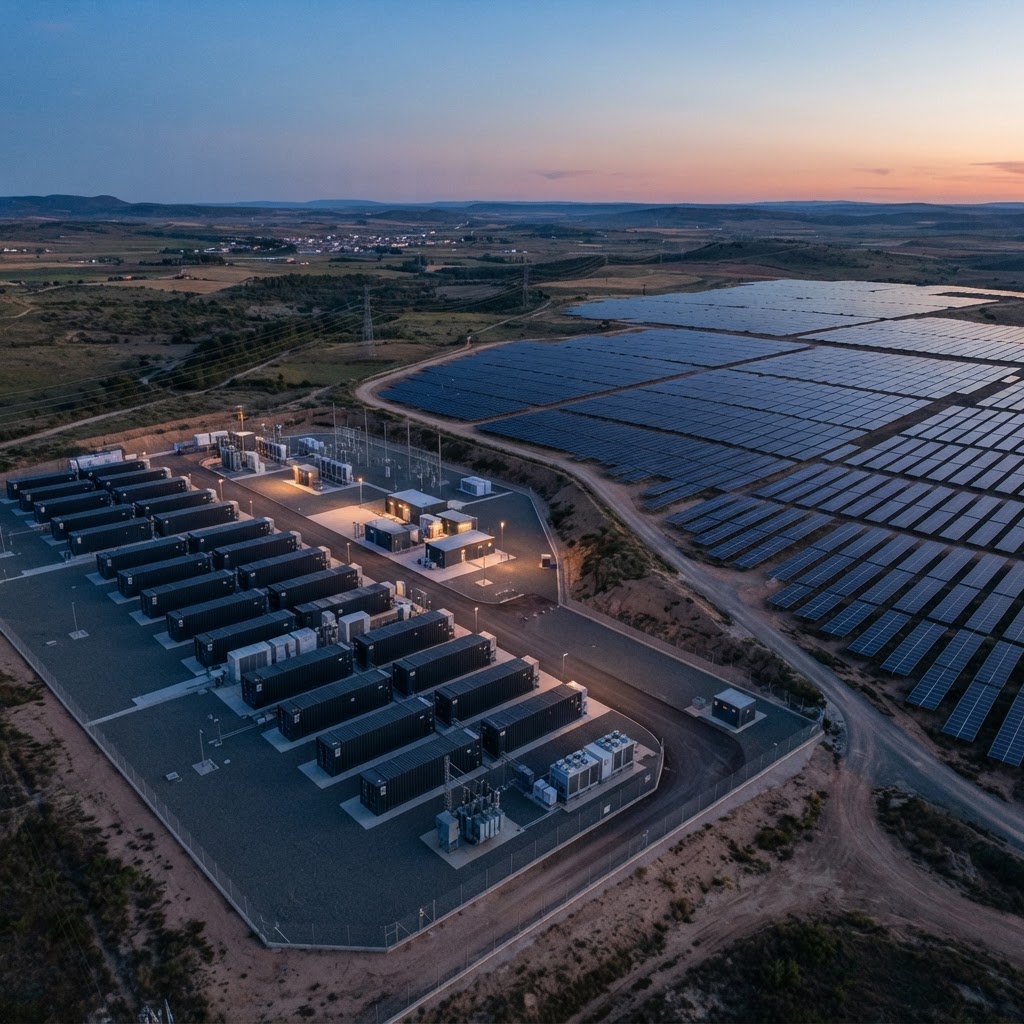 Instalación de almacenamiento con baterías junto a una planta fotovoltaica al atardecer