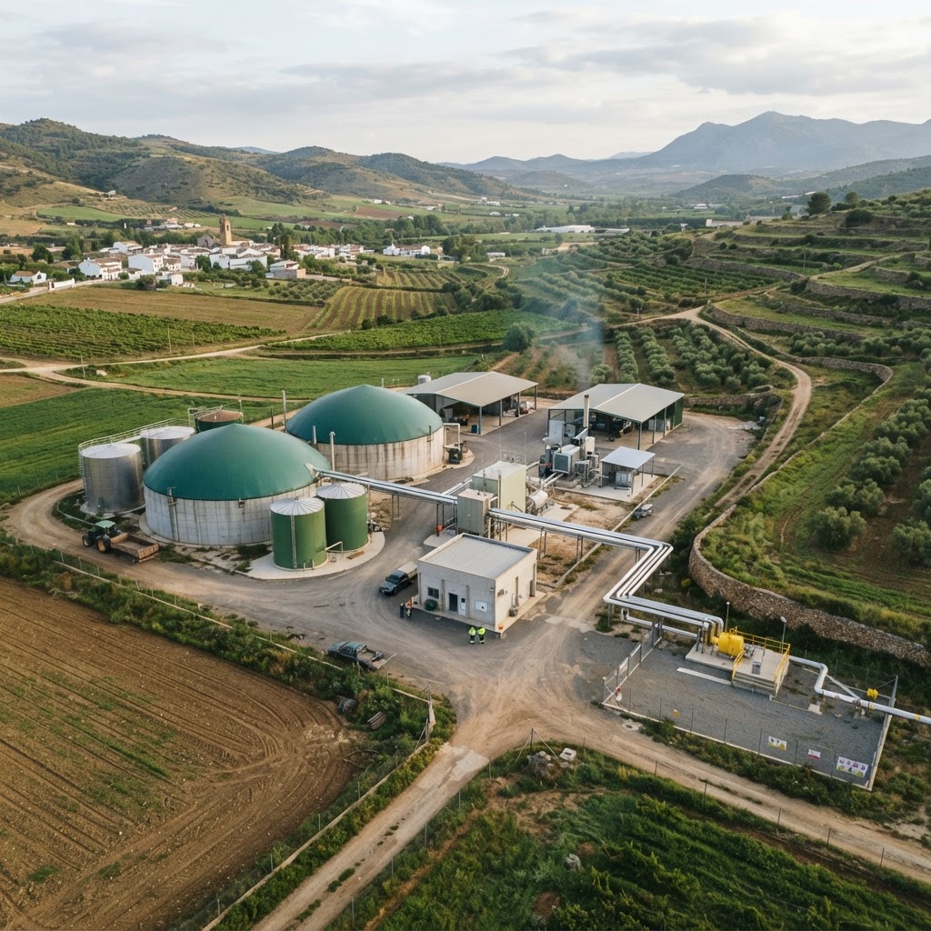 Planta de biogás con cúpulas verdes y tanques en un entorno rural español