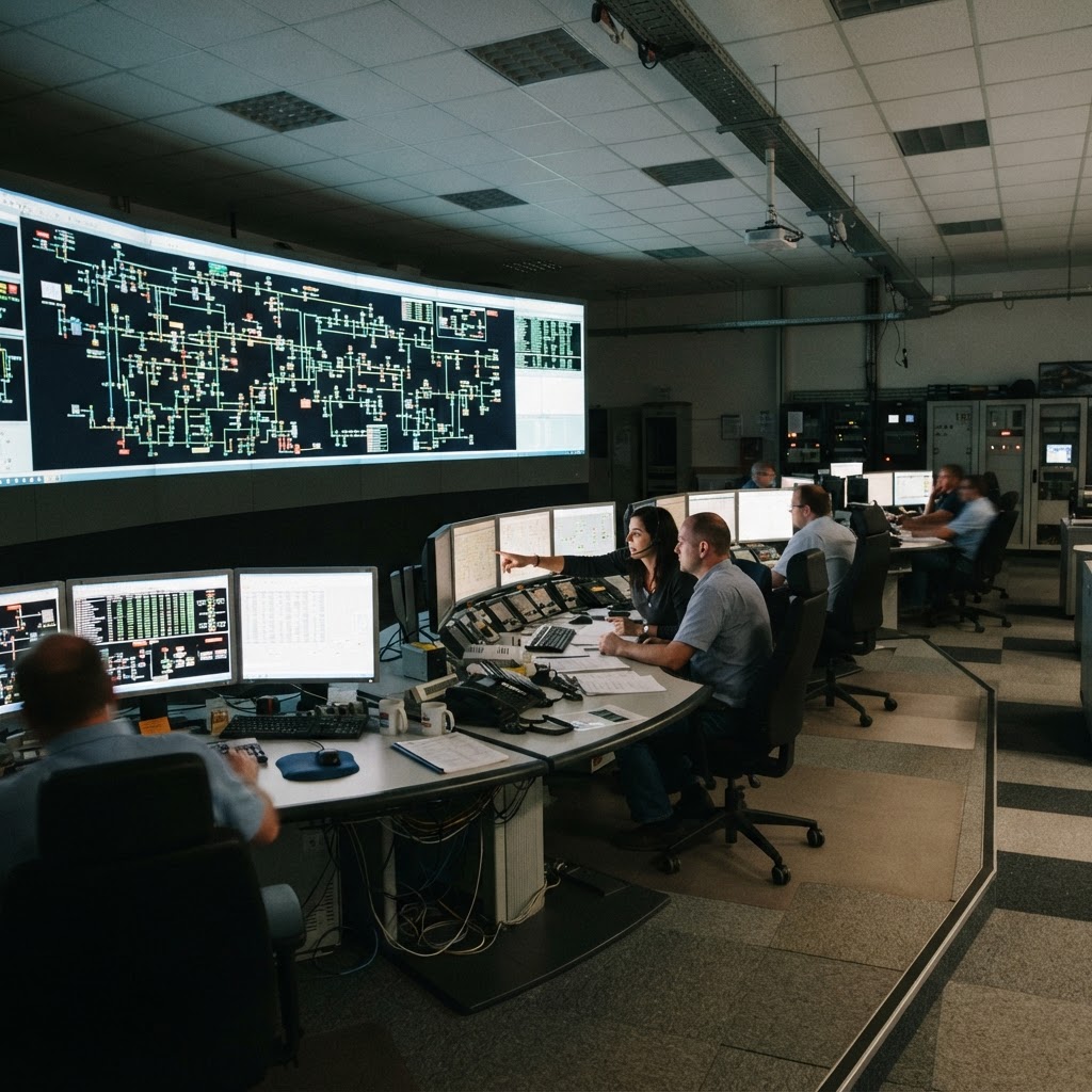 Sala de control de Red Eléctrica con operadores monitorizando la red de transporte en pantallas