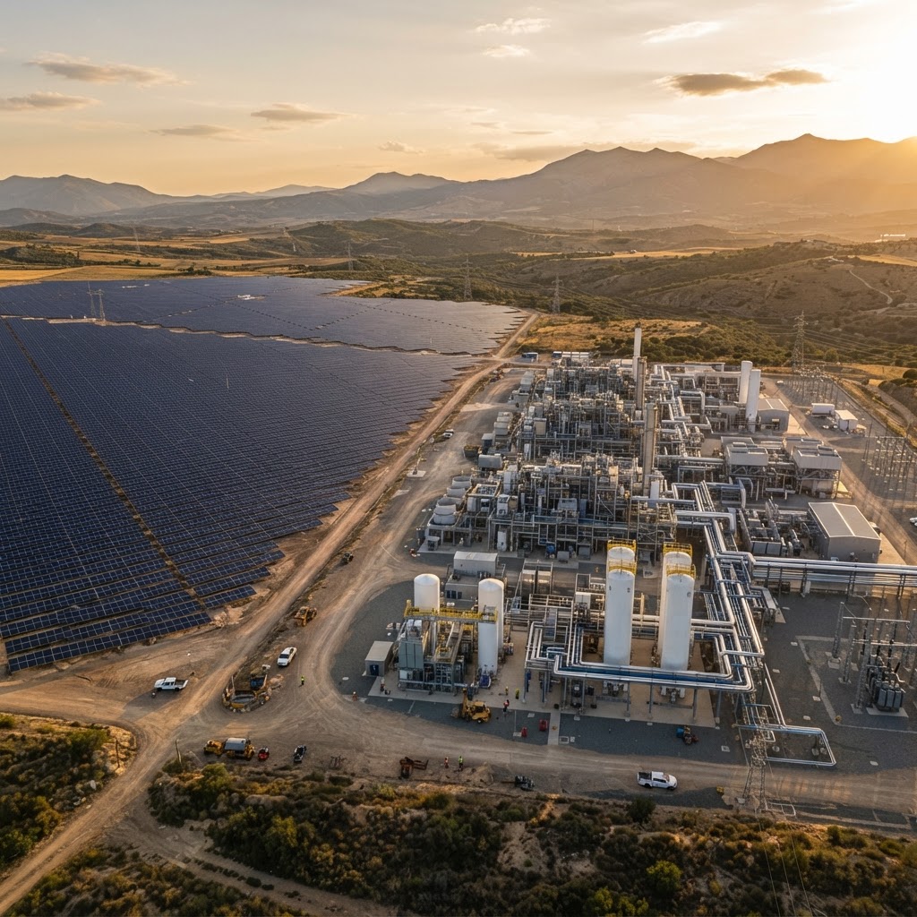 Planta industrial de electrólisis junto a parque fotovoltaico en el sur de España al atardecer.