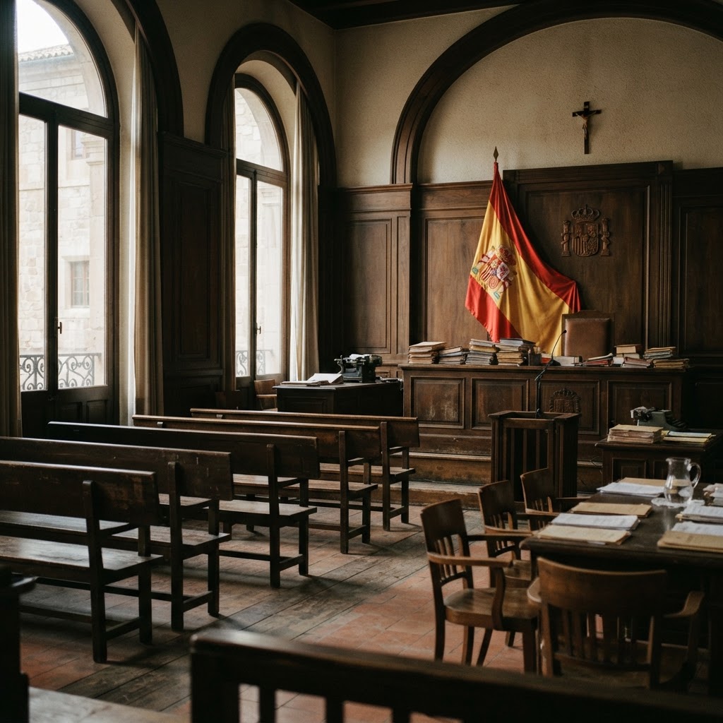 Sala de vistas vacía con bandera española al fondo, ambientando un proceso judicial sobre inversiones renovables