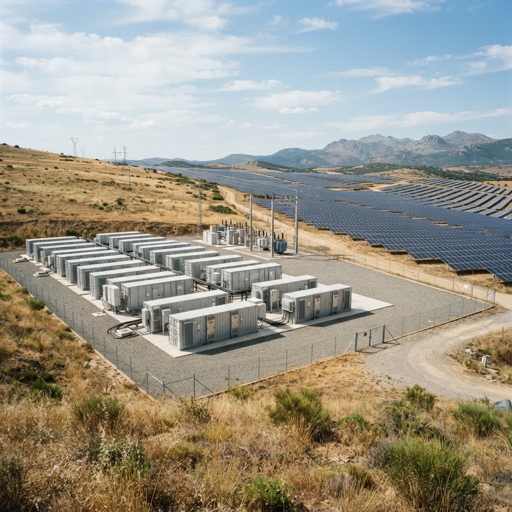 Instalación de almacenamiento con baterías (BESS) junto a una planta solar en España