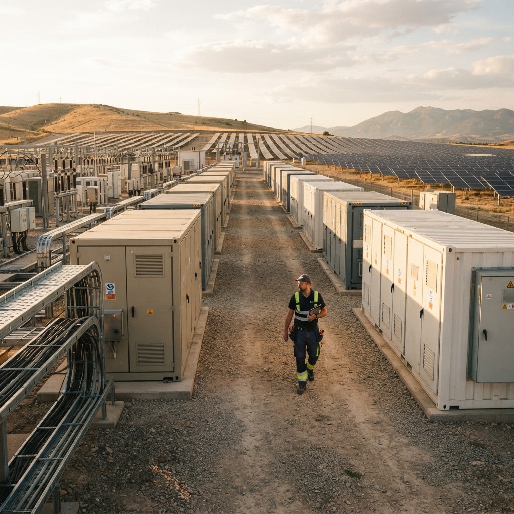 Contenedores de baterías a escala de red en una planta solar española