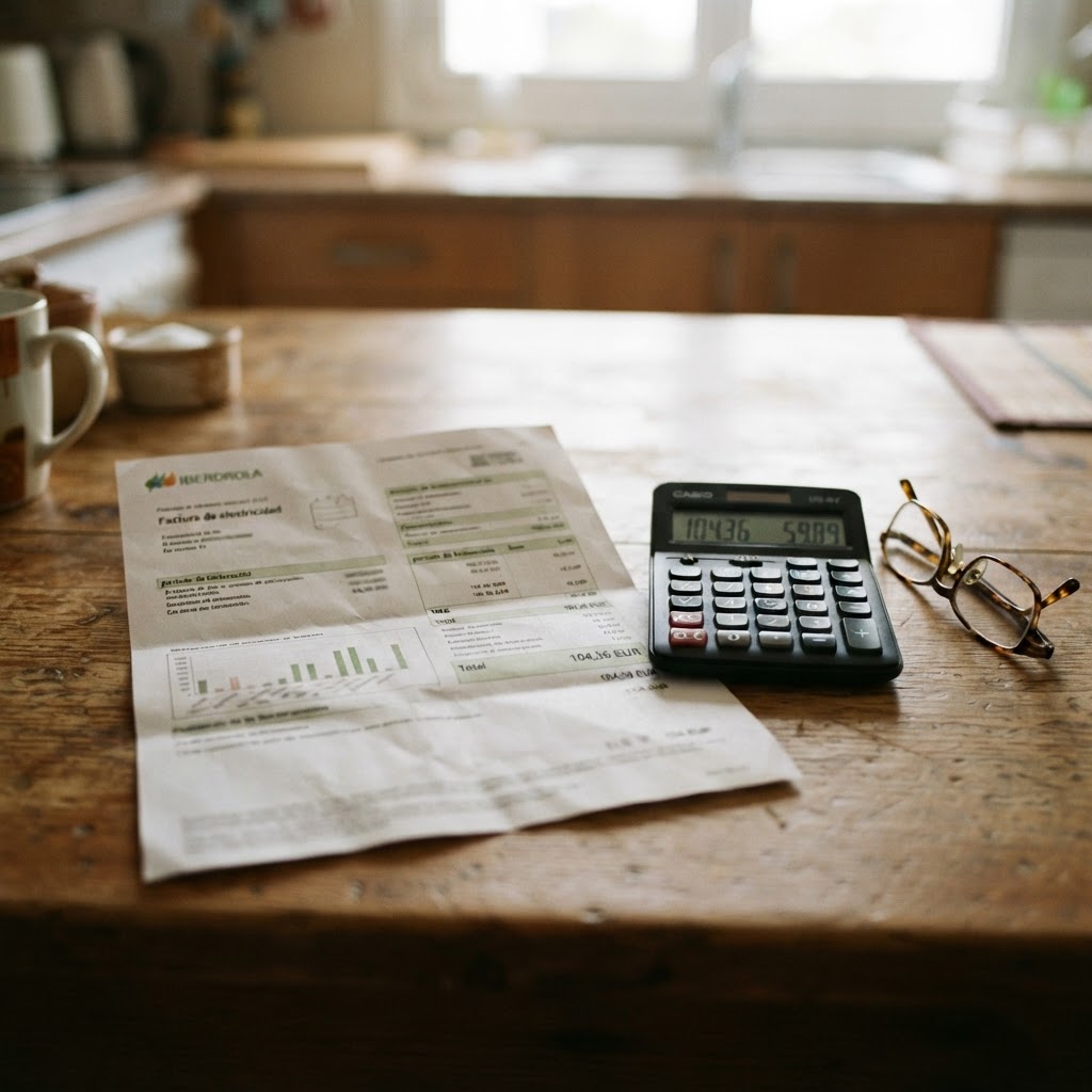 Factura de la luz sobre una mesa de cocina con calculadora y gafas