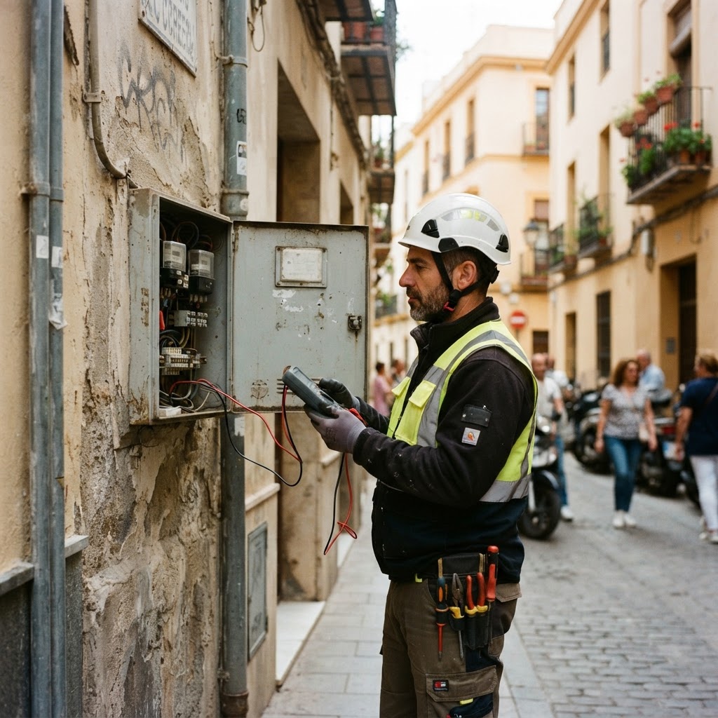 Técnico revisando un contador eléctrico en la fachada de un edificio